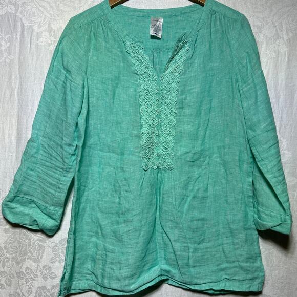 Lands End 100% Linen Tunic 8 Turquoise Green Embroidered Long - Picture 1 of 9